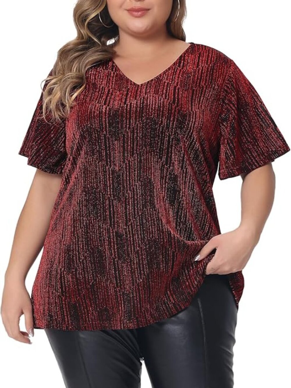 Agnes Orinda Women Plus Size V Neck Short Sleeve Metallic Glitter Tops